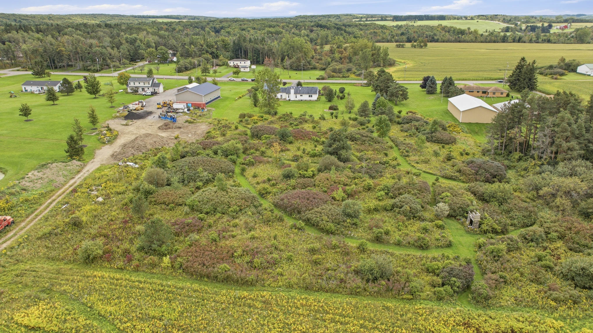Aerial view of 1991 Clinton Street Road and surrounding acreage