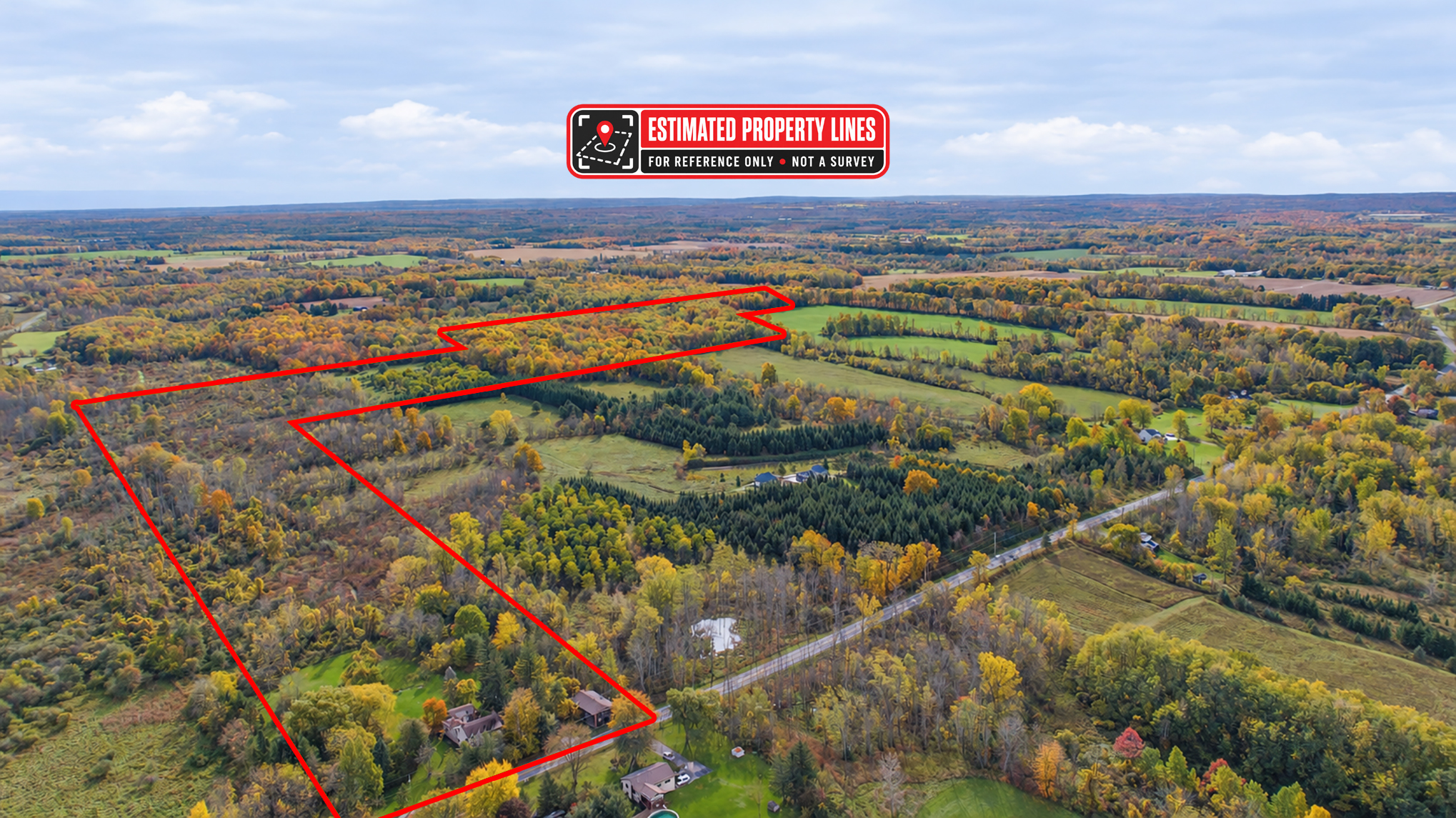 Aerial with estimated property lines - for reference only, not a survey
