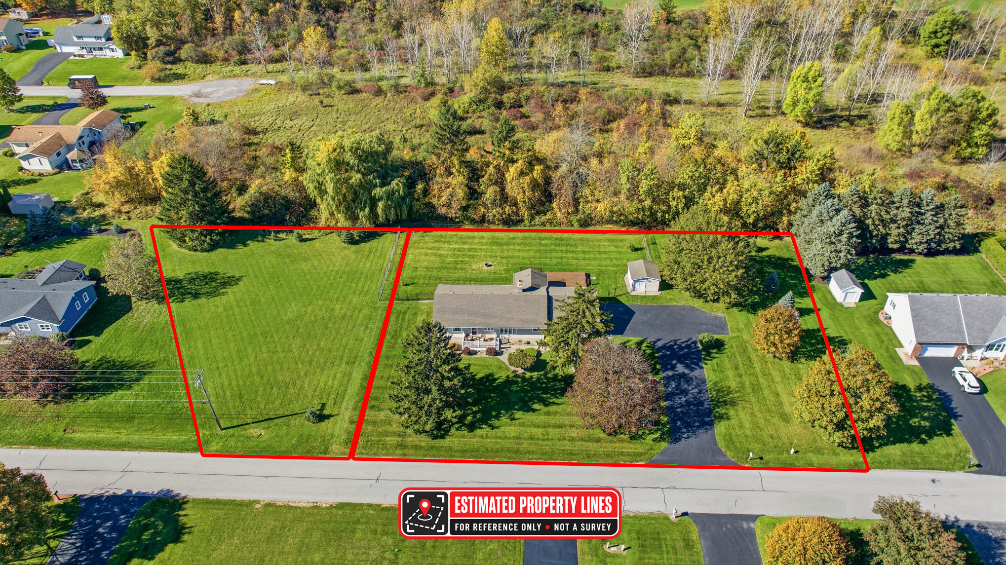 Aerial with estimated property lines, for reference only, not a survey
