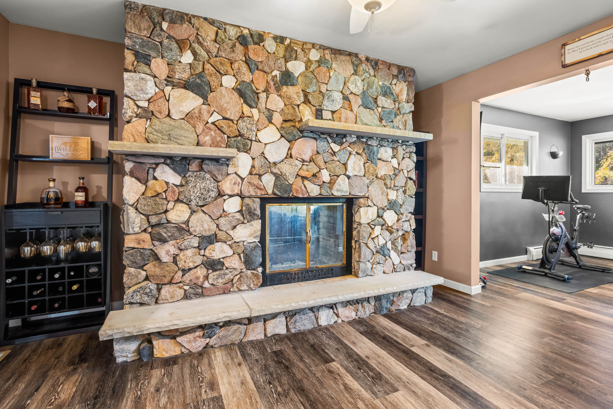 Stone fireplace in family room