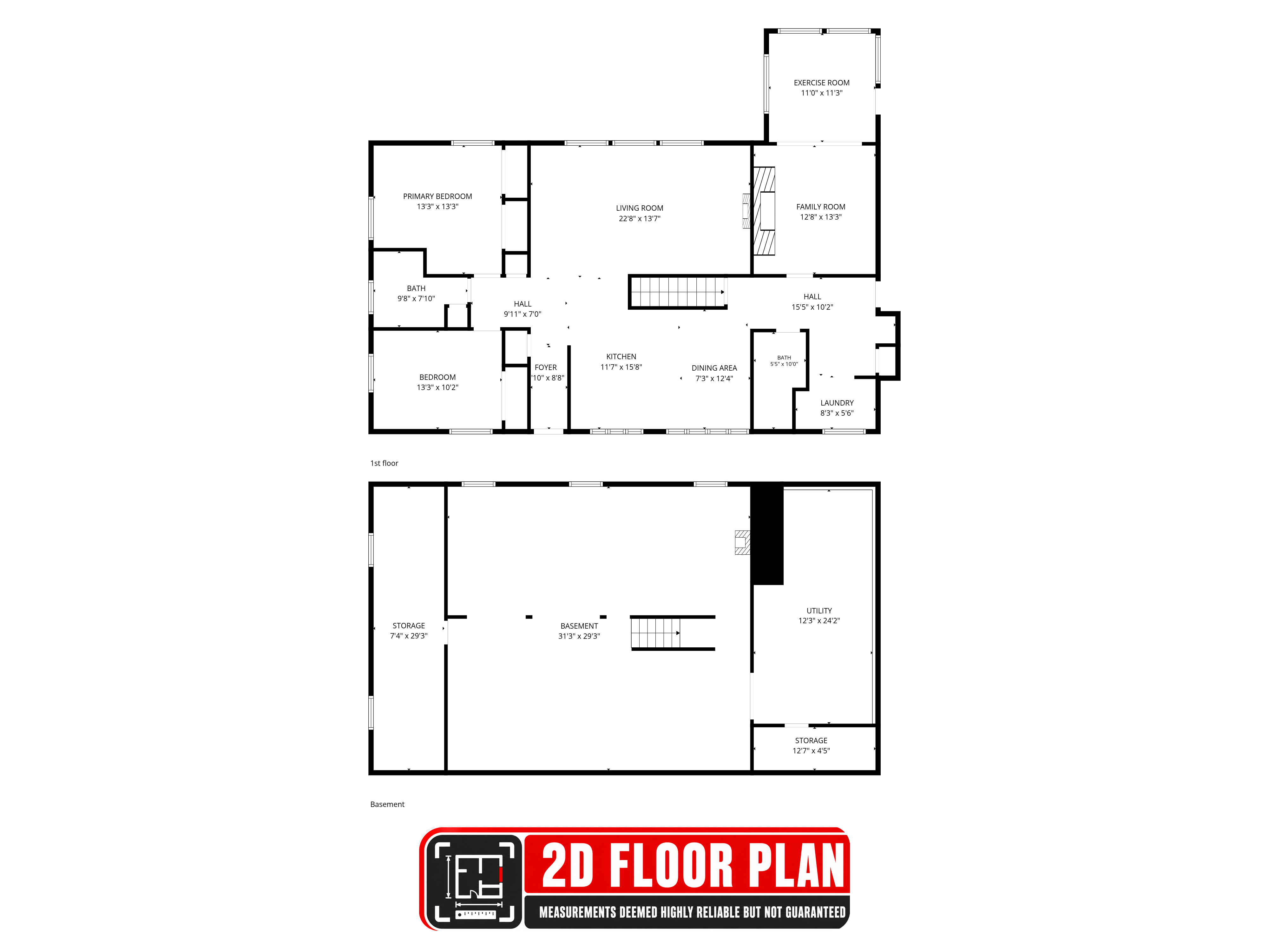 First floor and basement floor plan with room dimensions